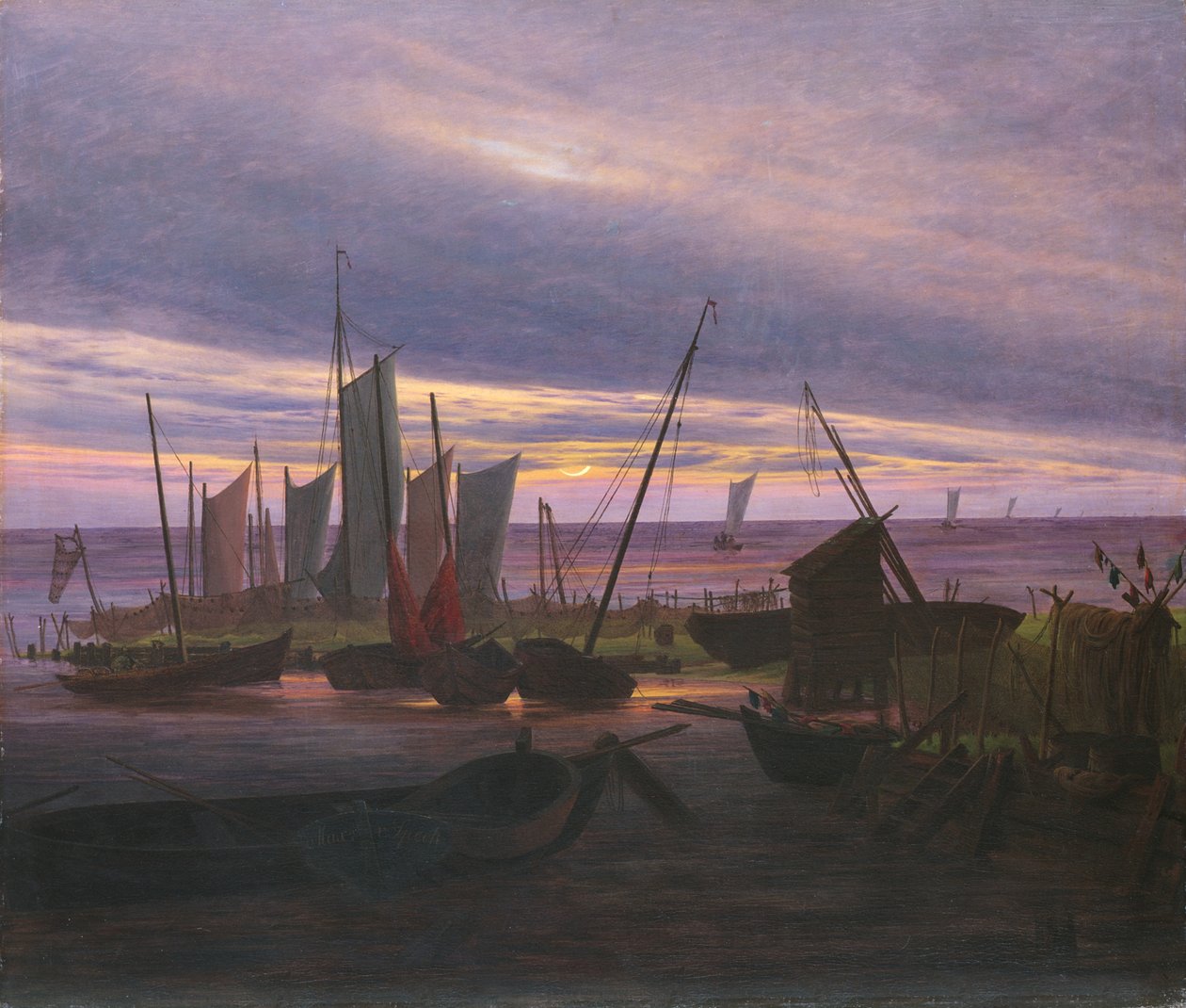 Barcos no porto à noite, c. 1828 de Caspar David Friedrich