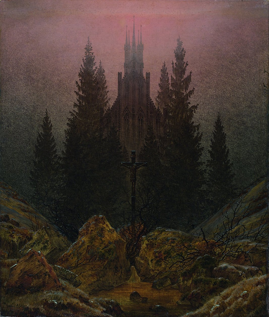 Cruz e catedral nas montanhas de Caspar David Friedrich