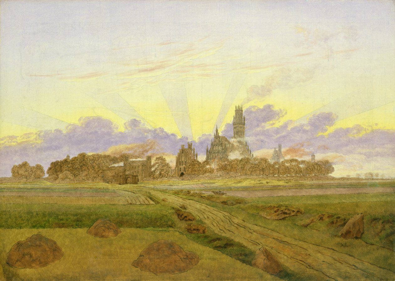 Amanhecer em Neubrandenburg (óleo sobre tela) de Caspar David Friedrich