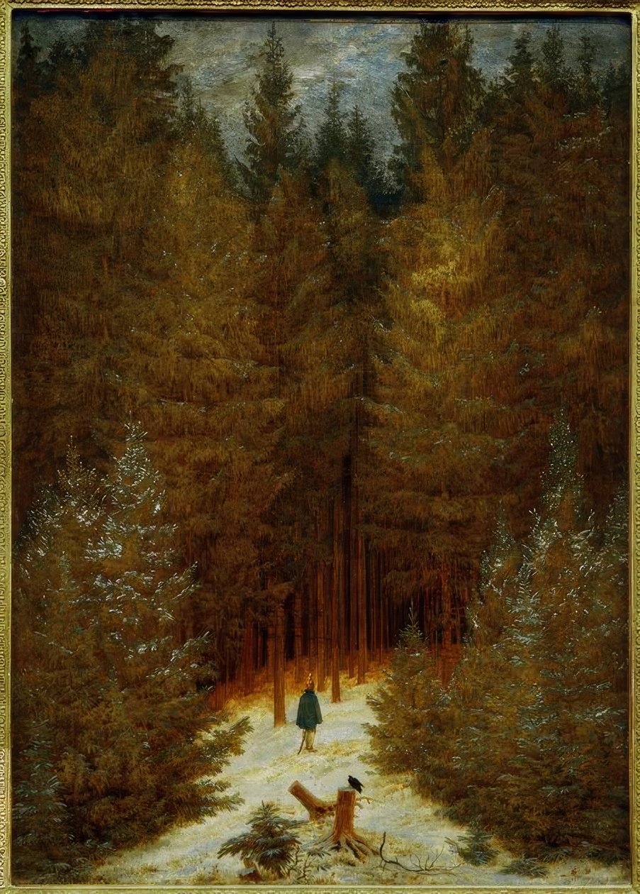 Chasseur im Walde (Uma floresta de abetos coberta de neve, Tannenwa de Caspar David Friedrich