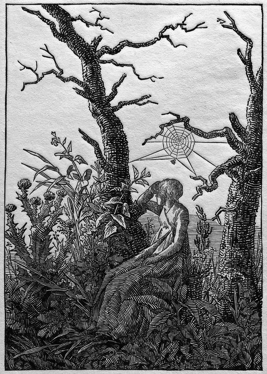 A mulher com a teia de aranha entre árvores nuas de Caspar David Friedrich