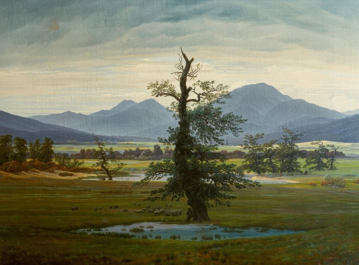 Paisagem da vila na iluminação da manhã de Caspar David Friedrich