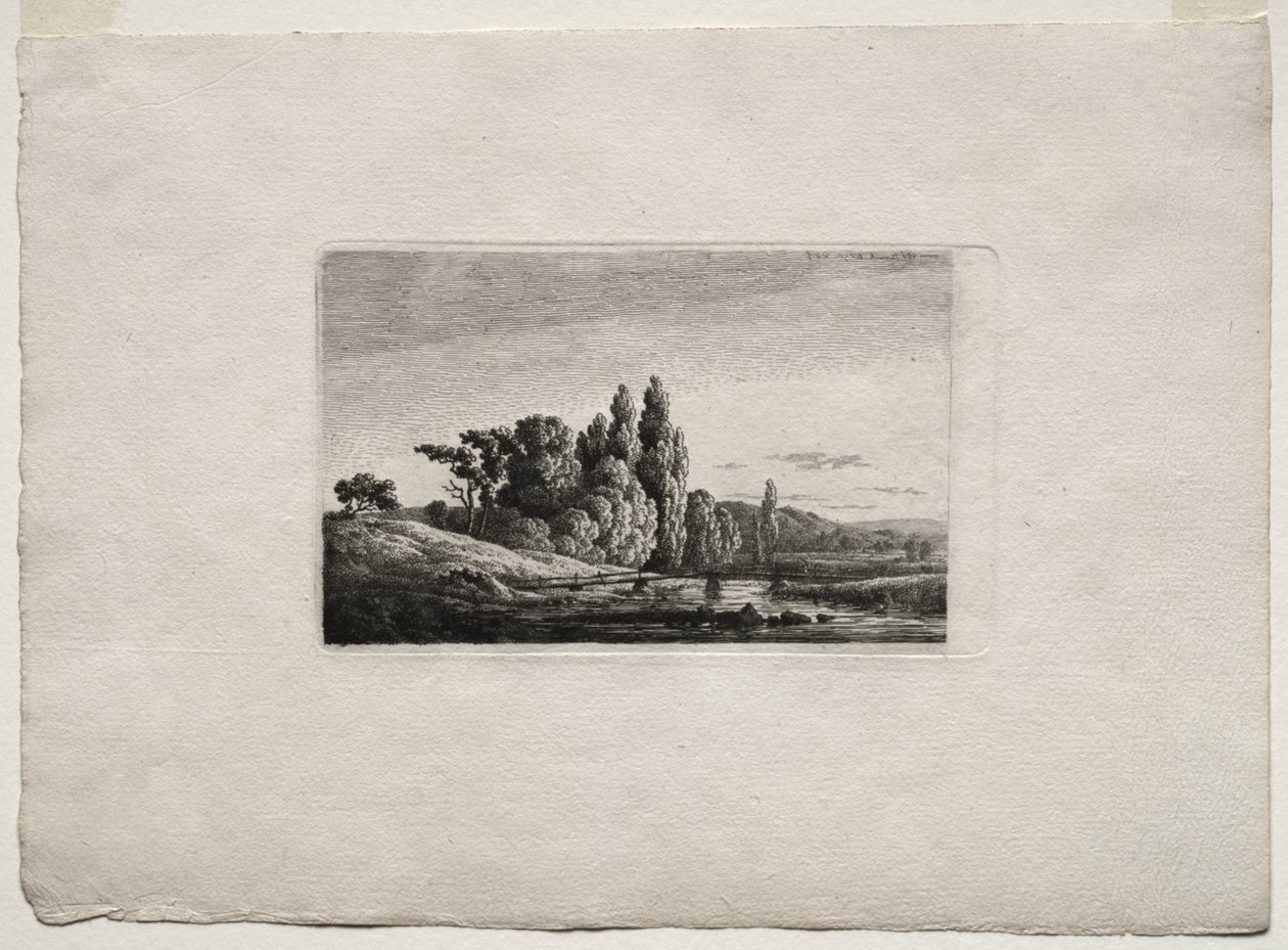 Passarela com cruz antes de árvores em um rio de Caspar David Friedrich