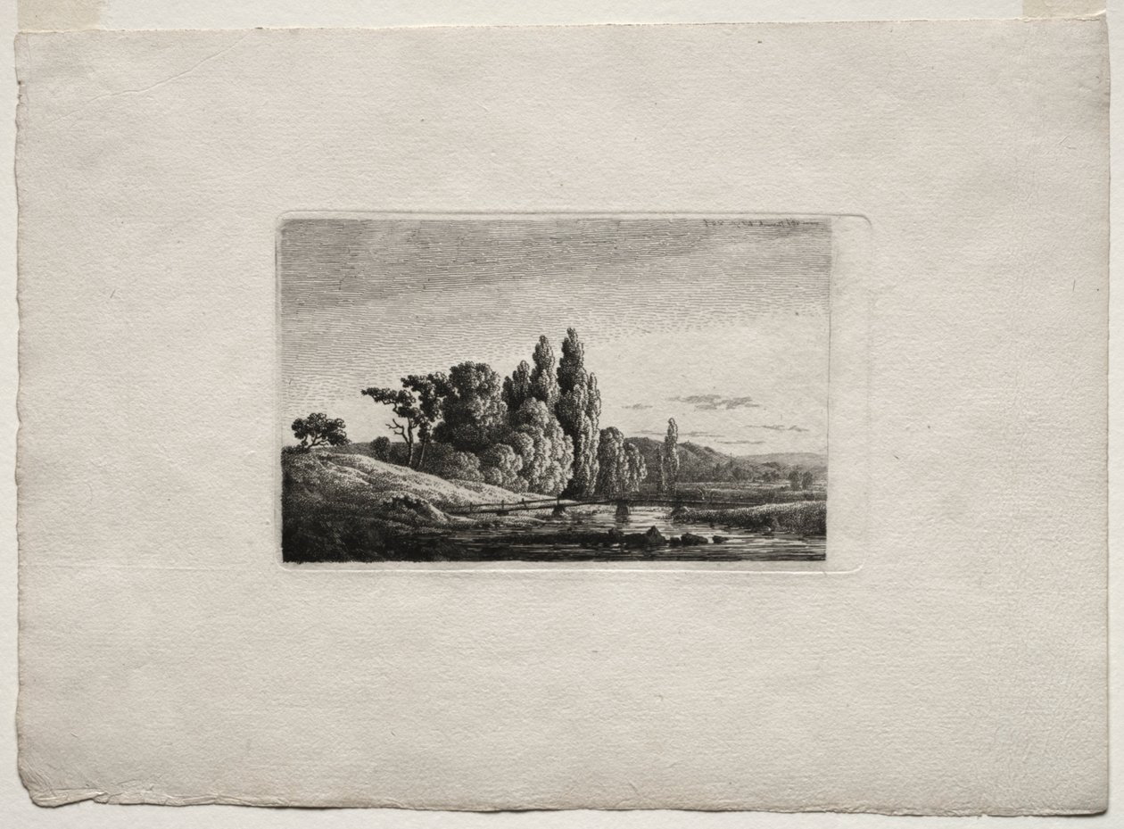 Passadiço com cruz antes das árvores em um rio, c.1803. de Caspar David Friedrich