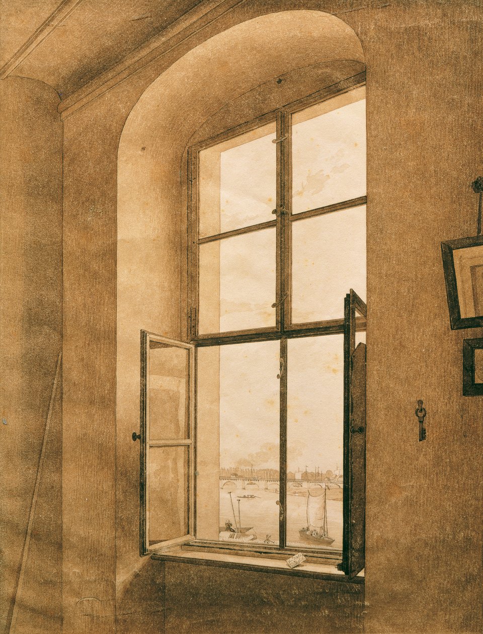 Alemão: Blick aus dem Atelier des Künstlers in Dresden auf die Elbe (linkes Fenster) Vista do atelier do artista em Dresden, no Elba (janela da esquerda) de Caspar David Friedrich