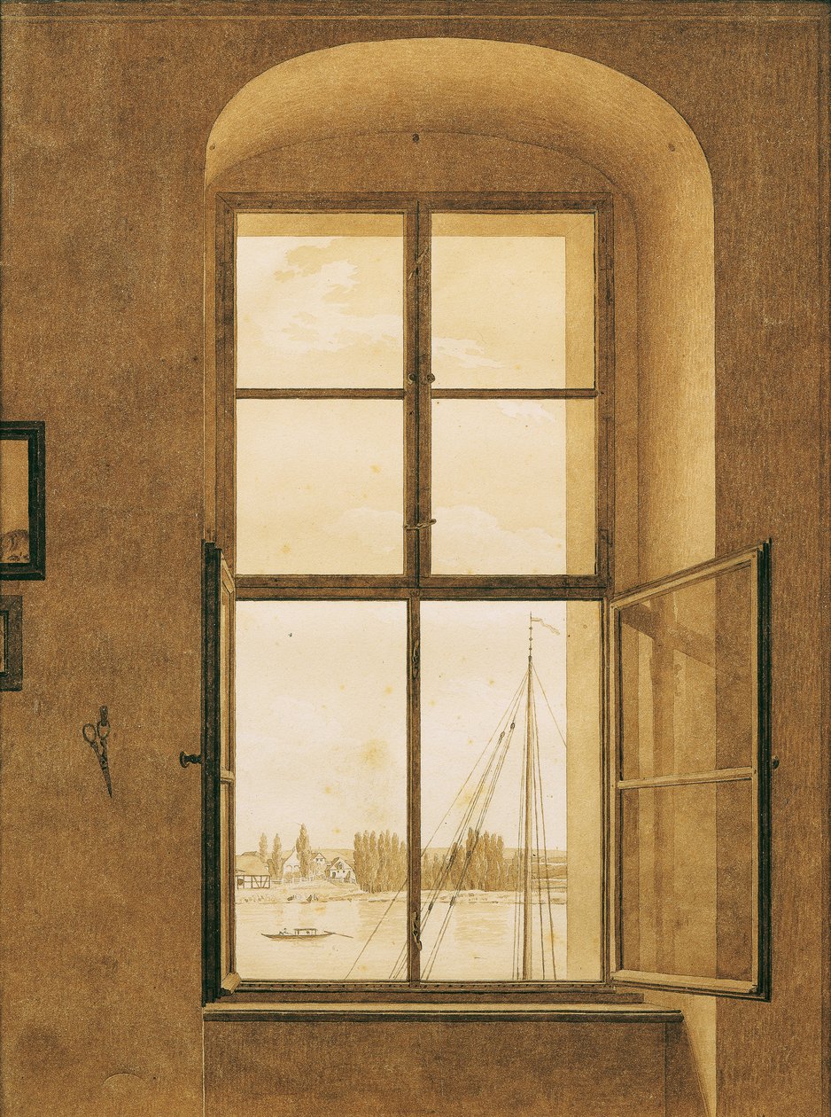 Alemão: Blick aus dem Fenster des Künstlers, rechtes Fenster Vista da janela do atelier do artista, janela direita de Caspar David Friedrich