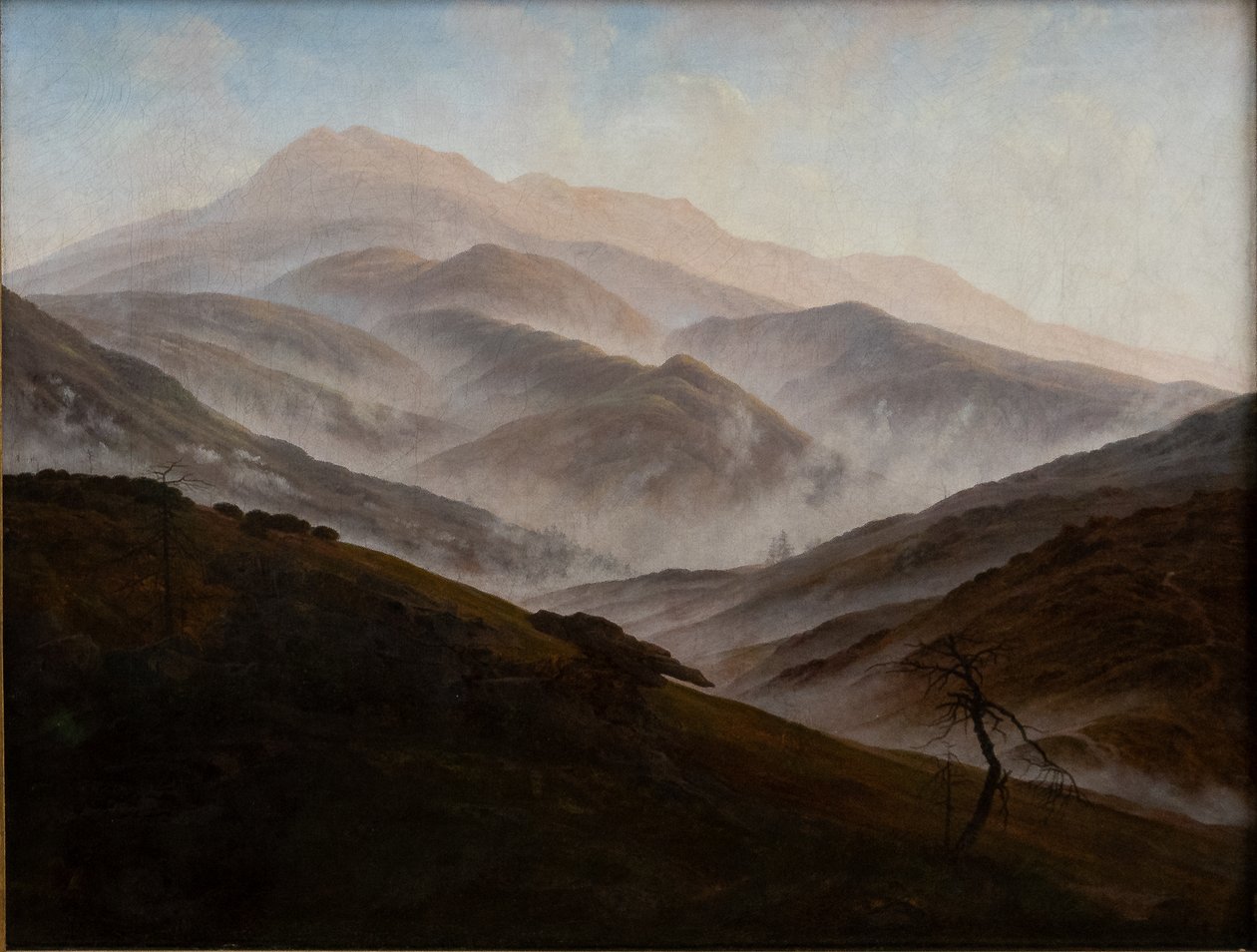 Alemão: Riesengebirgslandschaft mit aufsteigendem Nebel Paisagem de montanhas gigantes com nevoeiro crescente de Caspar David Friedrich