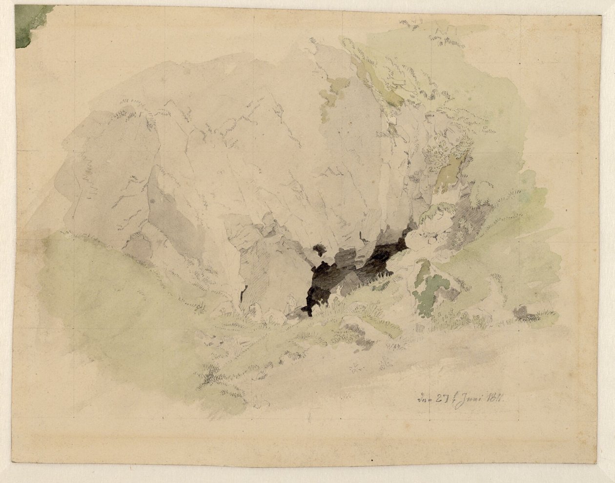 Alemão: Studie zur "Felsenschlucht" mit zwei kleinen Figuren am Höhleneingang Estudo sobre o "Felsenschlucht" (literalmente: Desfiladeiro das Rochas) com duas pequenas figuras à entrada da gruta de Caspar David Friedrich