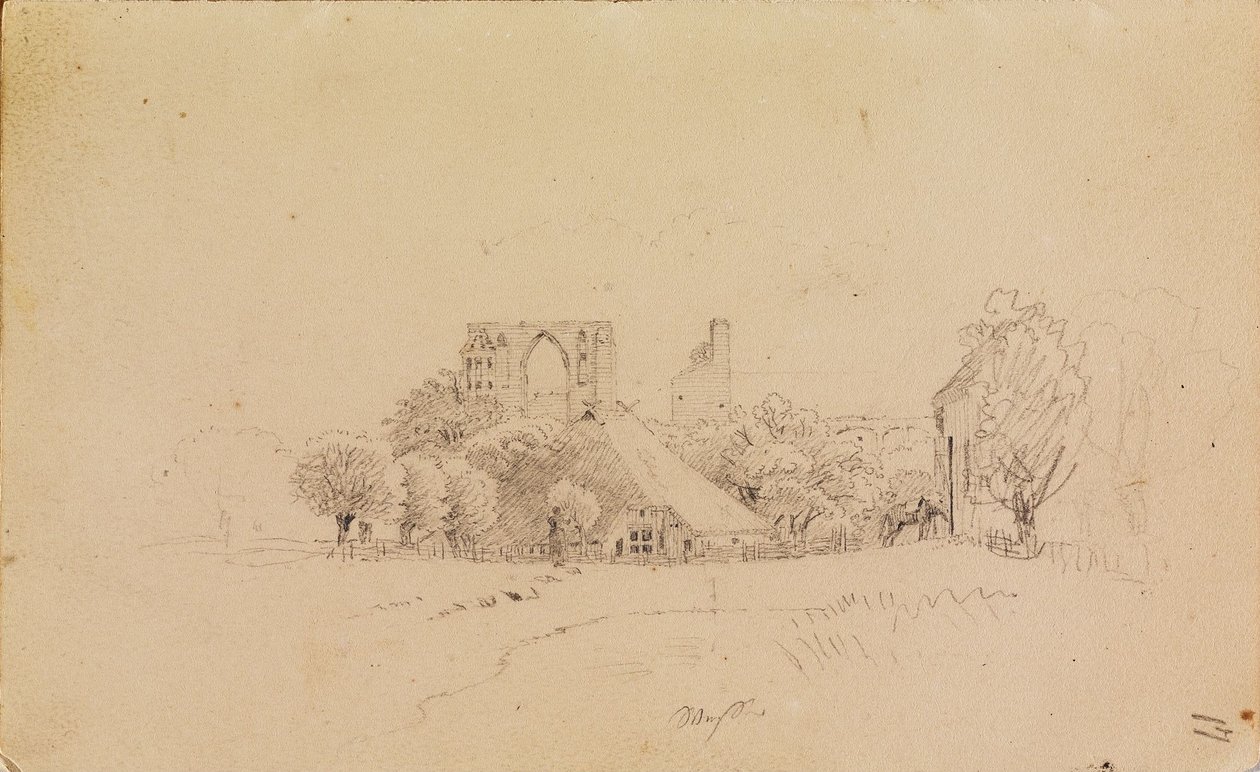 Ruínas do mosteiro de Eldena, com uma casa de telhado de colmo e uma pequena massa de água de Caspar David Friedrich