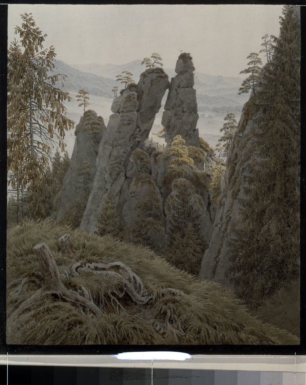 The Rock Gates in Neurathen (Alemanha). (The Rock Gates in Neurathen). Trabalho de Caspar David Friedrich (1774-1840), aguarela sobre papel, entre 1826 e 1828. Arte alemã do século XIX, romantismo. Estado Hermitage, São Petersburgo. de Caspar David Friedrich