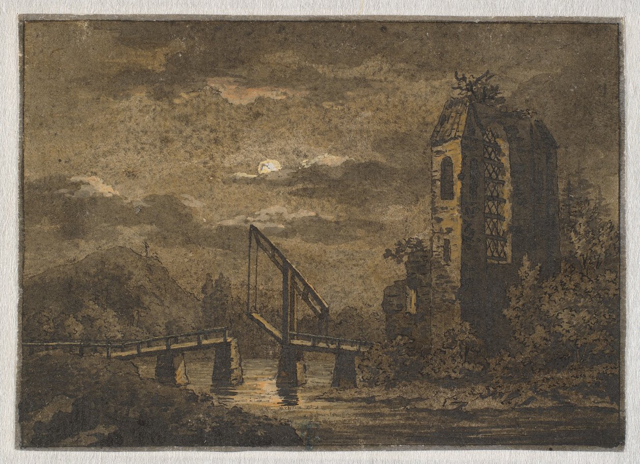 Paisagem com ponte levadiça e ruína ao luar de Caspar David Friedrich