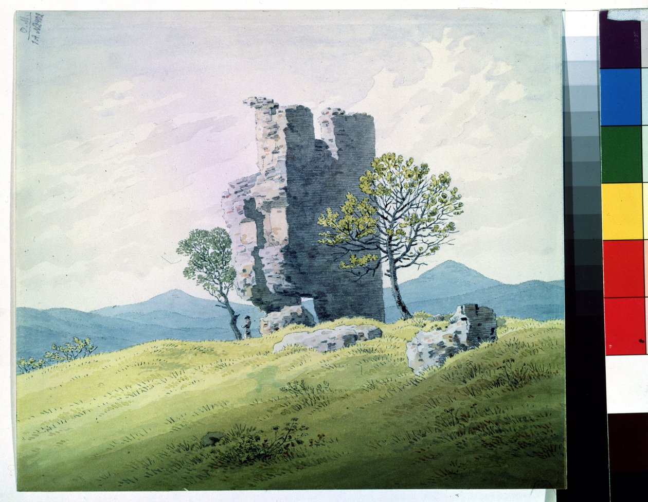 ""As Ruínas do Castelo de Teplice na República Tcheca"" (O Castelo em Teplitz) Aquarela Por Caspar David Friedrich (1774-1840) Museu Pushkin do século XIX, Moscou de Caspar David Friedrich