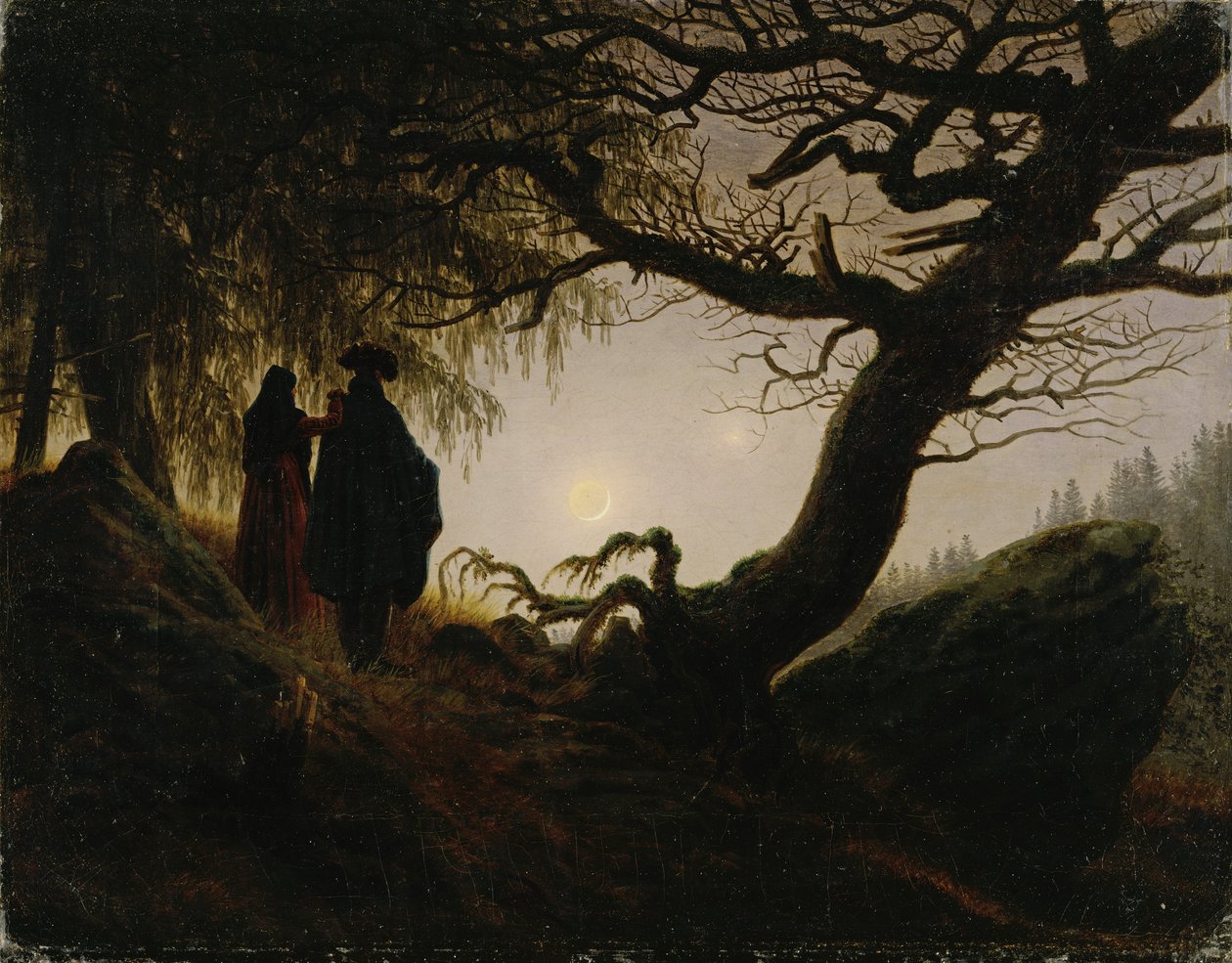 Homem e mulher a contemplar a lua de Caspar David Friedrich