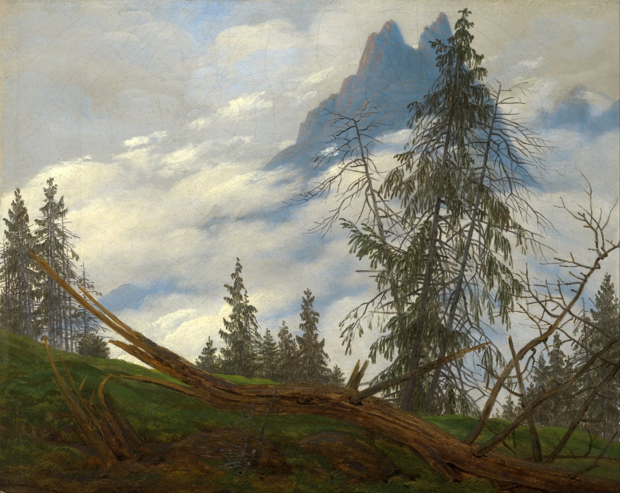 Pico de montanha com nuvens a passar de Caspar David Friedrich