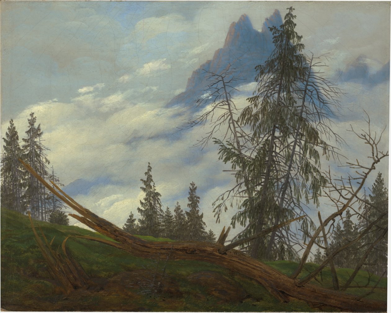 Pico de montanha com nuvens a passar de Caspar David Friedrich