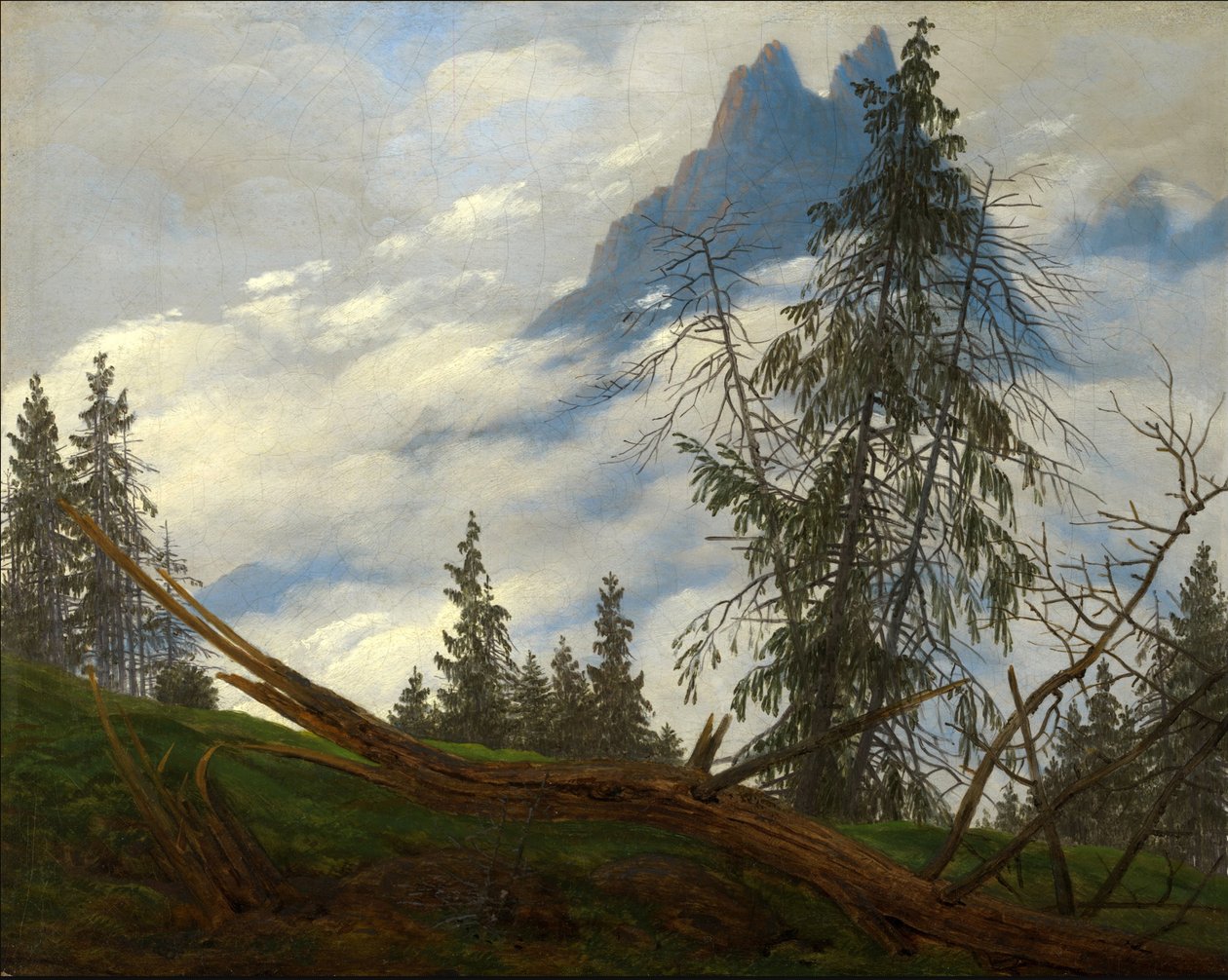 Pico de montanha com nuvens à deriva de Caspar David Friedrich