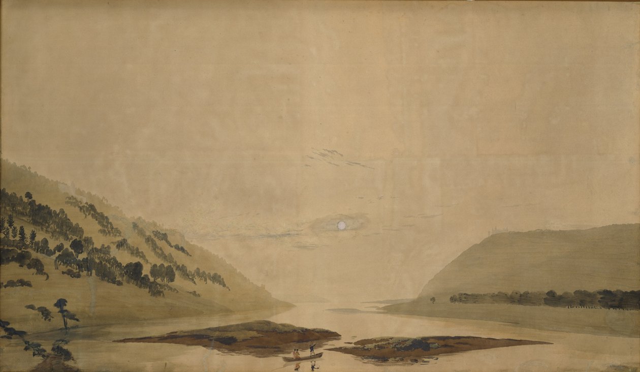 Paisagem montanhosa com rio de manhã, 183035 (wc e têmpera sobre papel transparente) (par para 265365) de Caspar David Friedrich