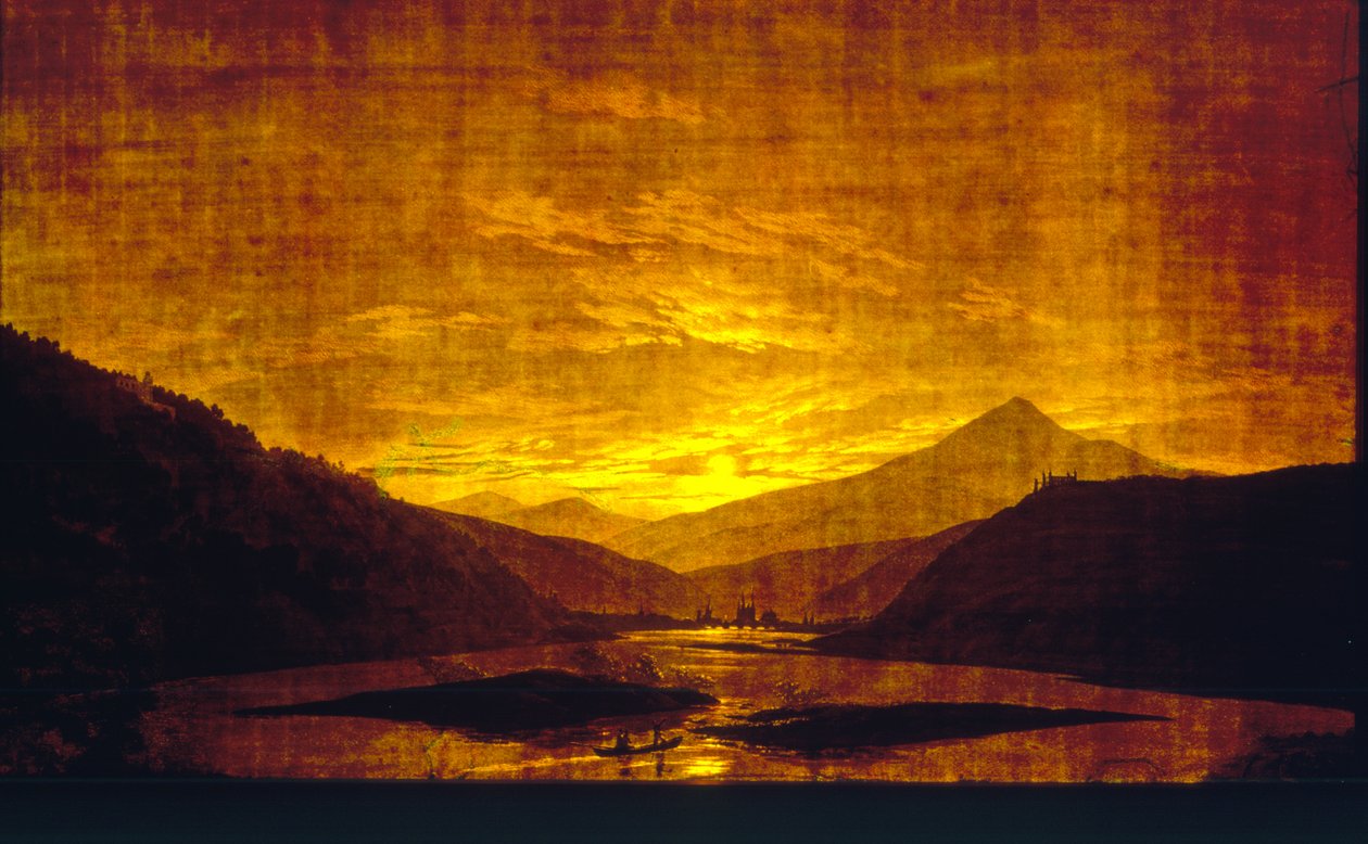 Paisagem montanhosa do rio à noite, 1830-35 (wc e têmpera sobre papel transparente) (par para 242025) de Caspar David Friedrich