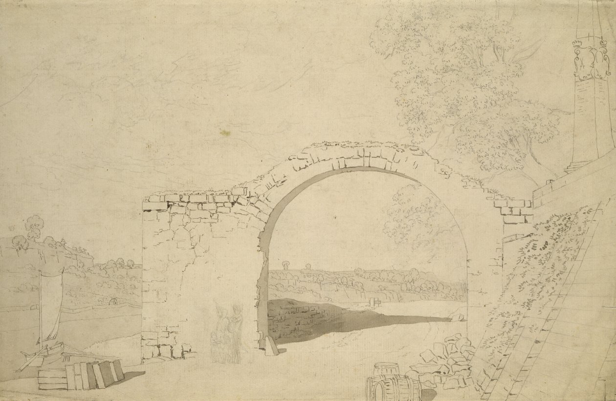 Paisagem do rio com um arco (inacabado) (lápis, caneta e wc no papel) de Caspar David Friedrich