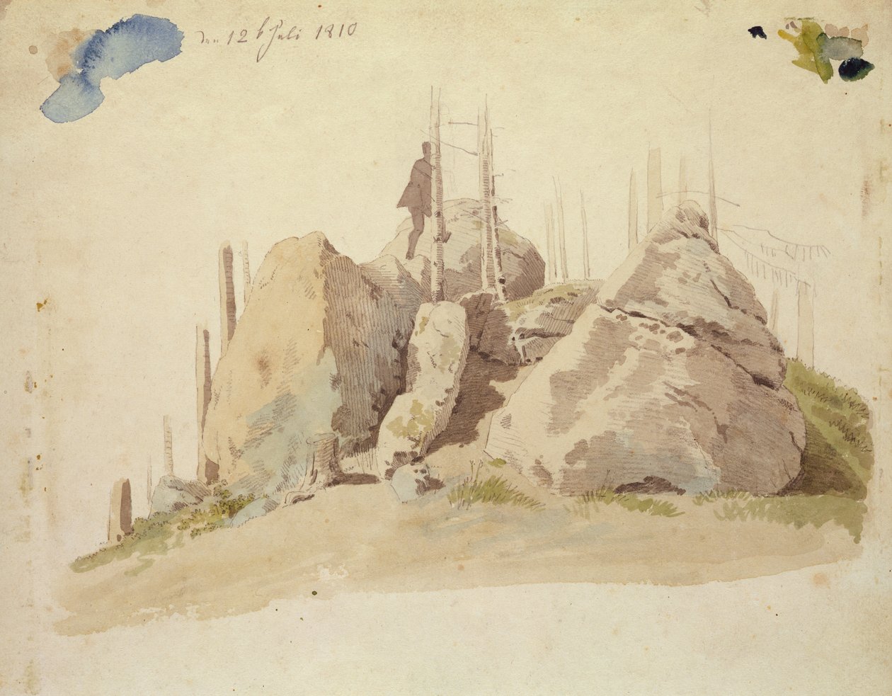 Rock and Tree: estudo inacabado, 12 de julho de 1810 (wc e lápis sobre papel) de Caspar David Friedrich