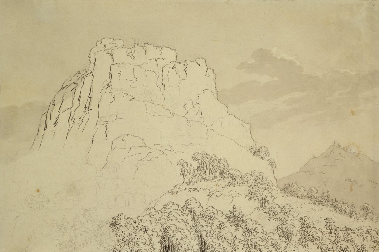 Colina rochosa com uma colina arborizada na frente (lápis, caneta e wc lavar no papel) de Caspar David Friedrich