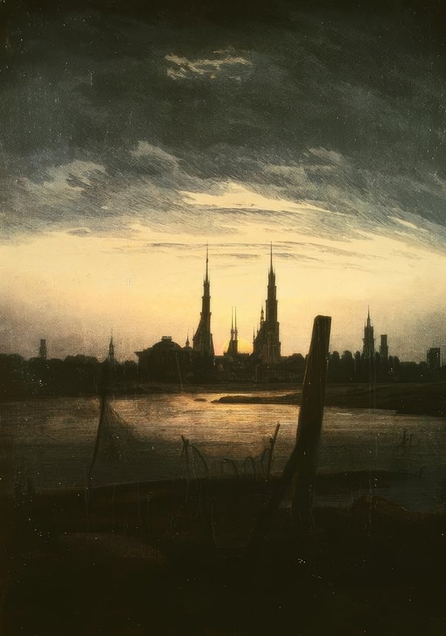 Cidade ao nascer da lua de Caspar David Friedrich