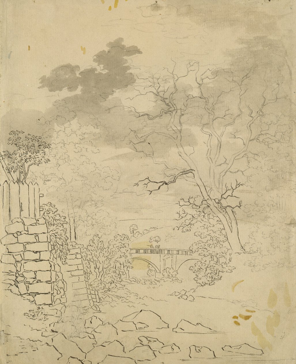 Fluxo com uma ponte, c.1799 (lápis, caneta e tinta no papel) de Caspar David Friedrich