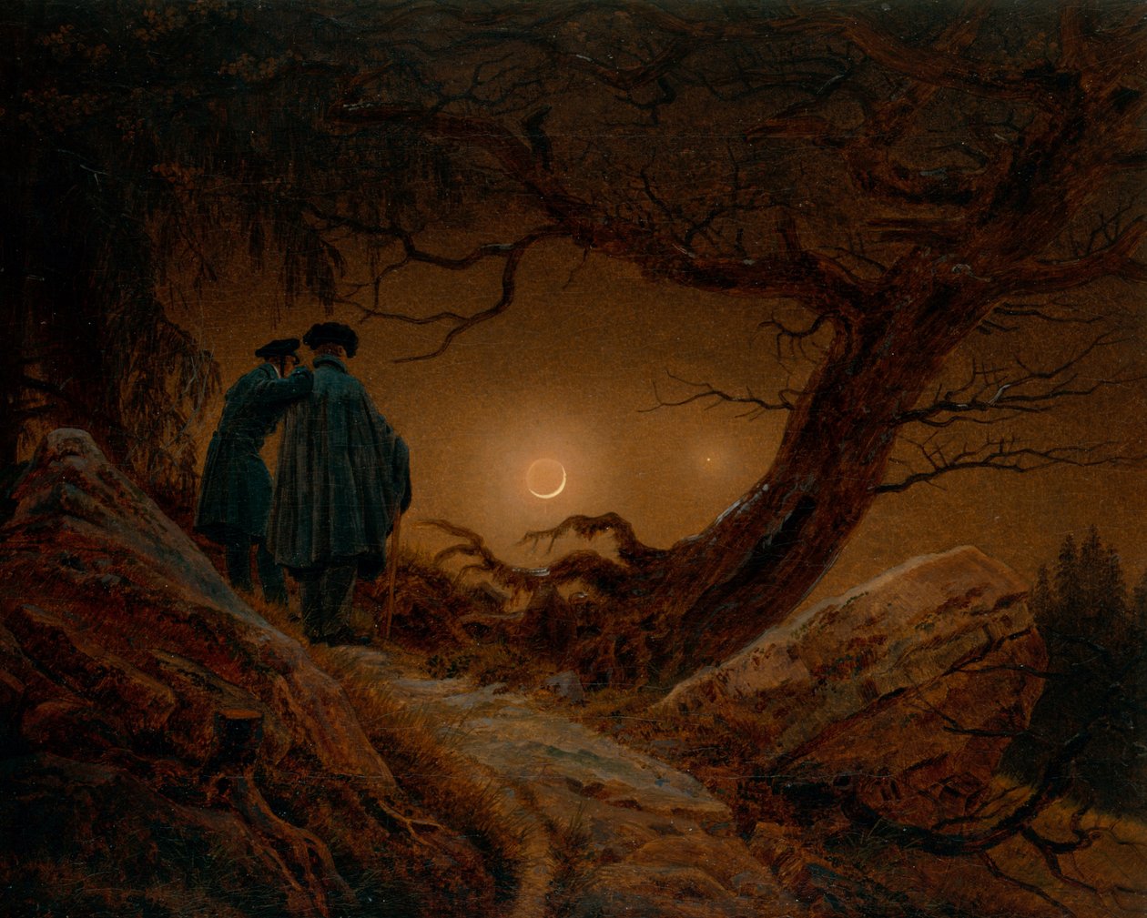 Dois homens contemplando a lua, ca 1820 de Caspar David Friedrich