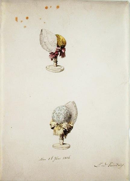 Duas mulheres Bonnets em Stands, 1 de junho de 1806 (caneta e wc no papel) de Caspar David Friedrich
