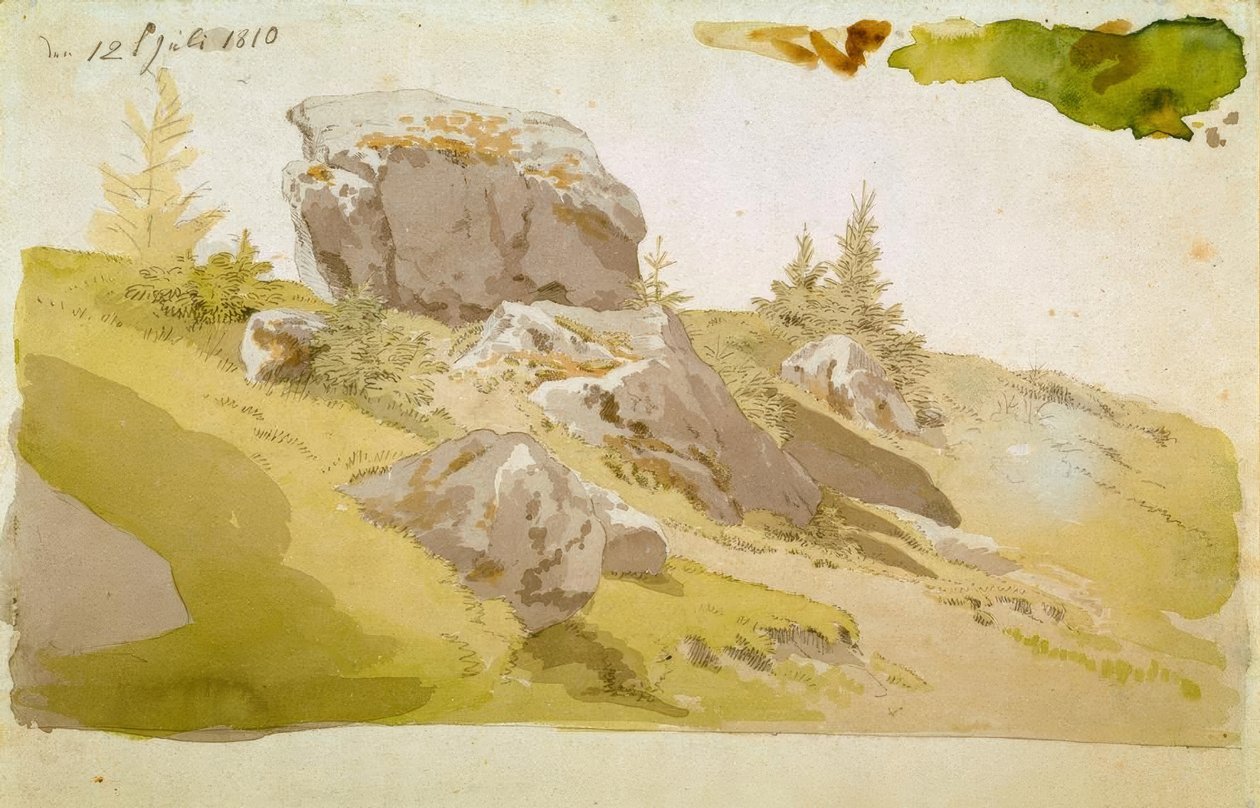Prado com pedras nas montanhas gigantes de Caspar David Friedrich