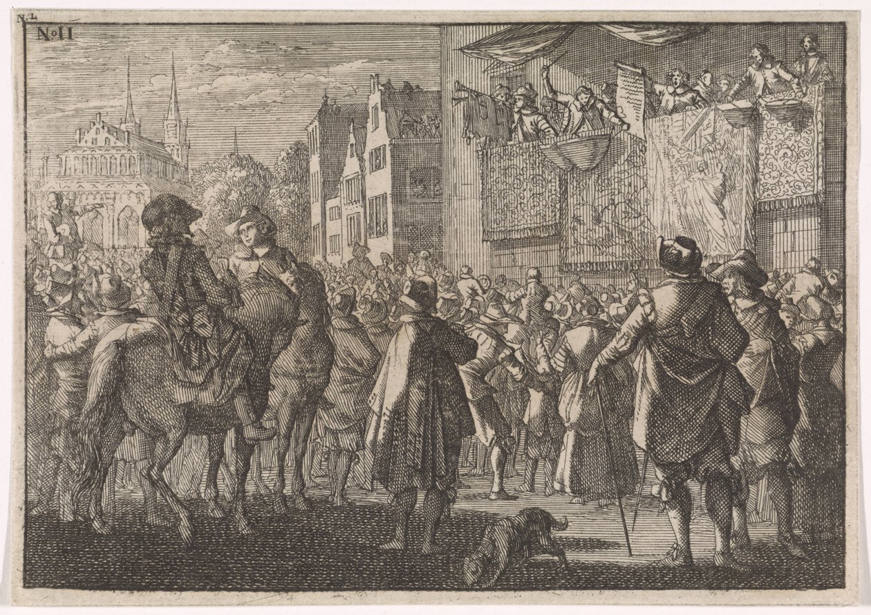 Proclamação da Paz de Osnabrück numa cidade, 1648 de Caspar Luyken (attributed to)