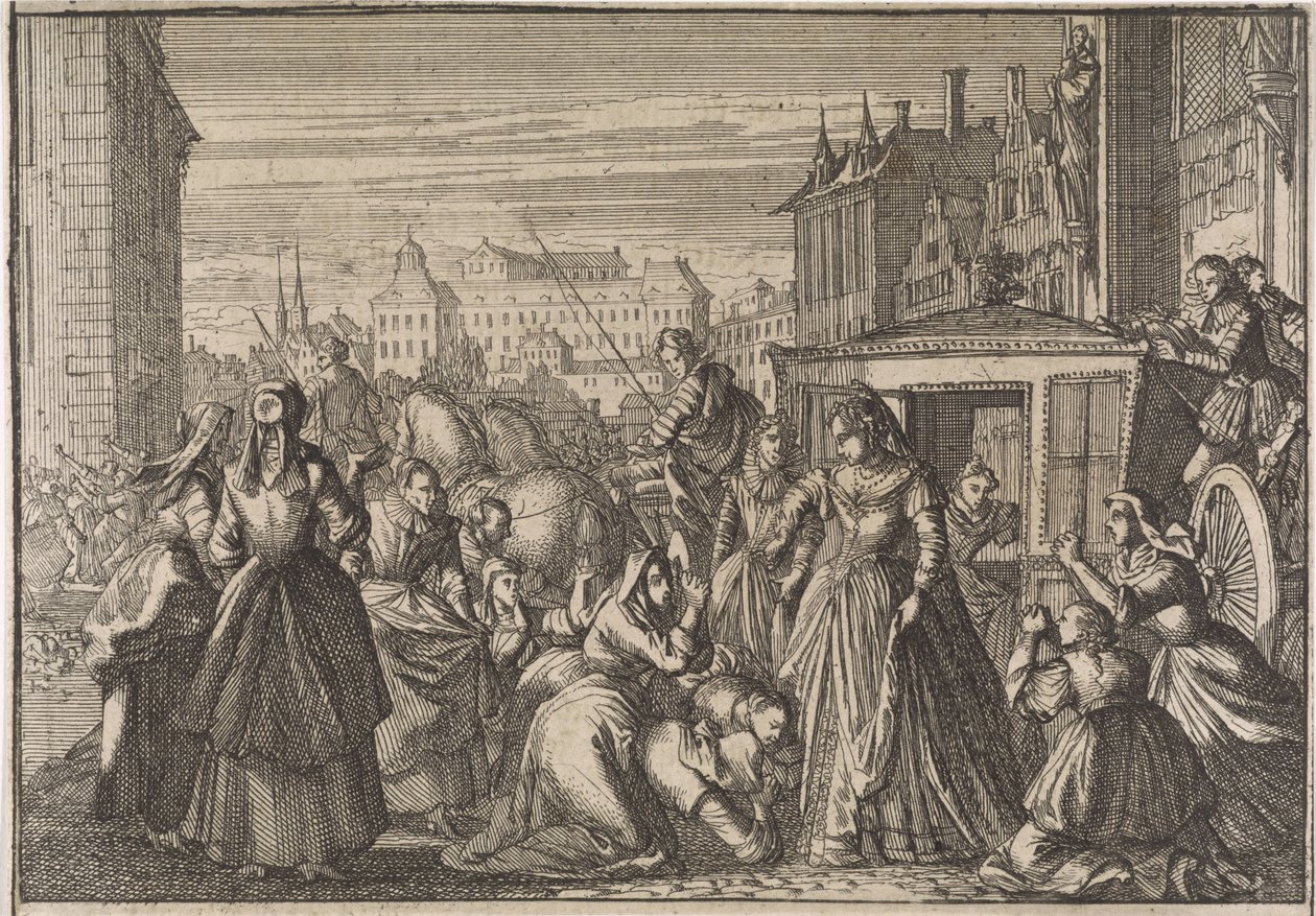 As mulheres ajoelham-se em Paris perante a Rainha Anna e imploram-lhe para baixar os impostos, 1645 de Caspar Luyken (attributed to)