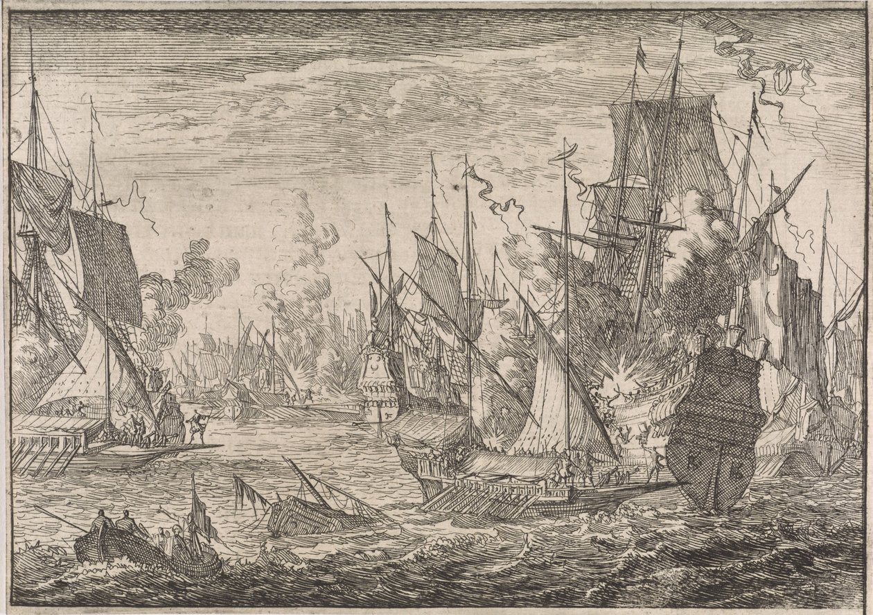 Batalha naval entre navios de guerra turcos e galeras dos Cavaleiros de Malta, 1644 de Caspar Luyken (attributed to)