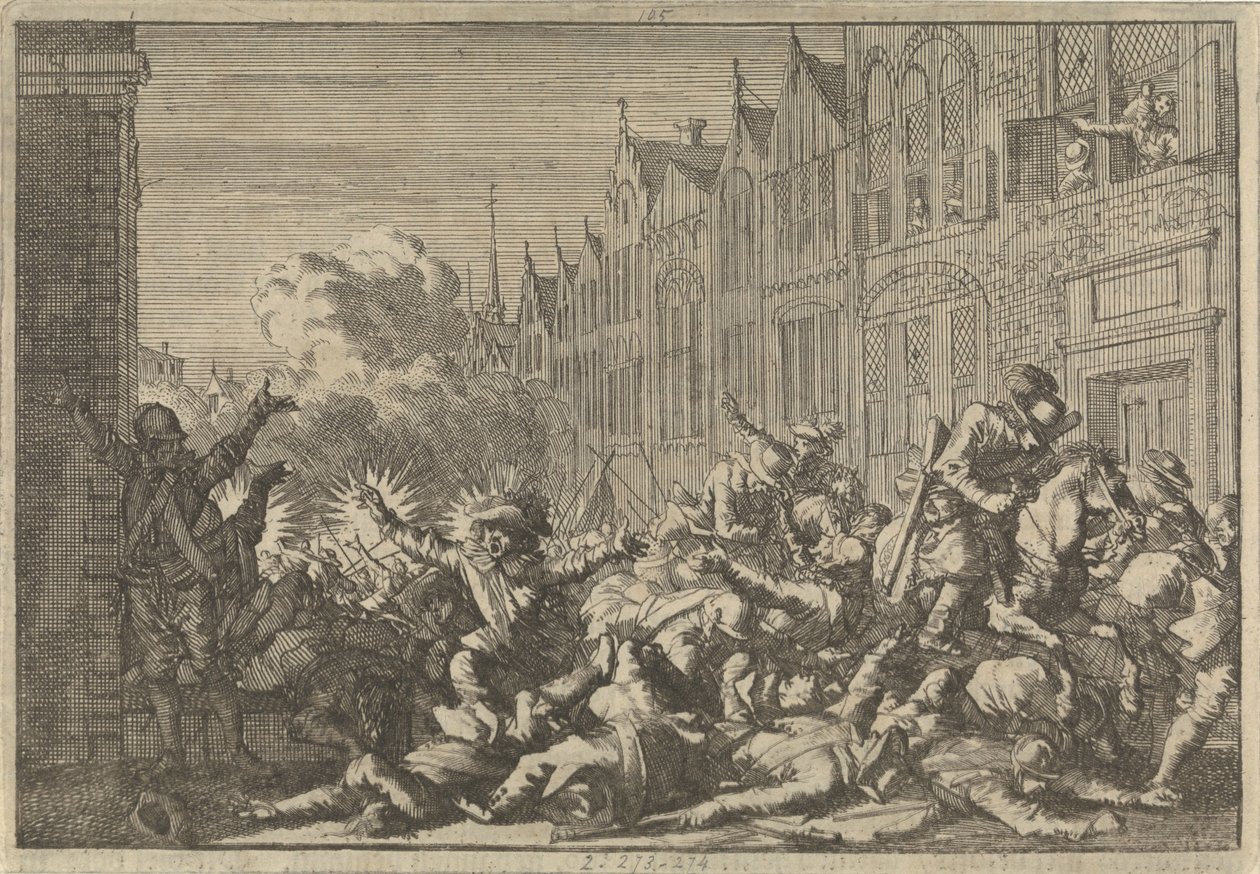 Angers ocupados por apoiantes de Mazarin emboscados pelas dez armas do governador De Rohan, 1652 de Caspar Luyken