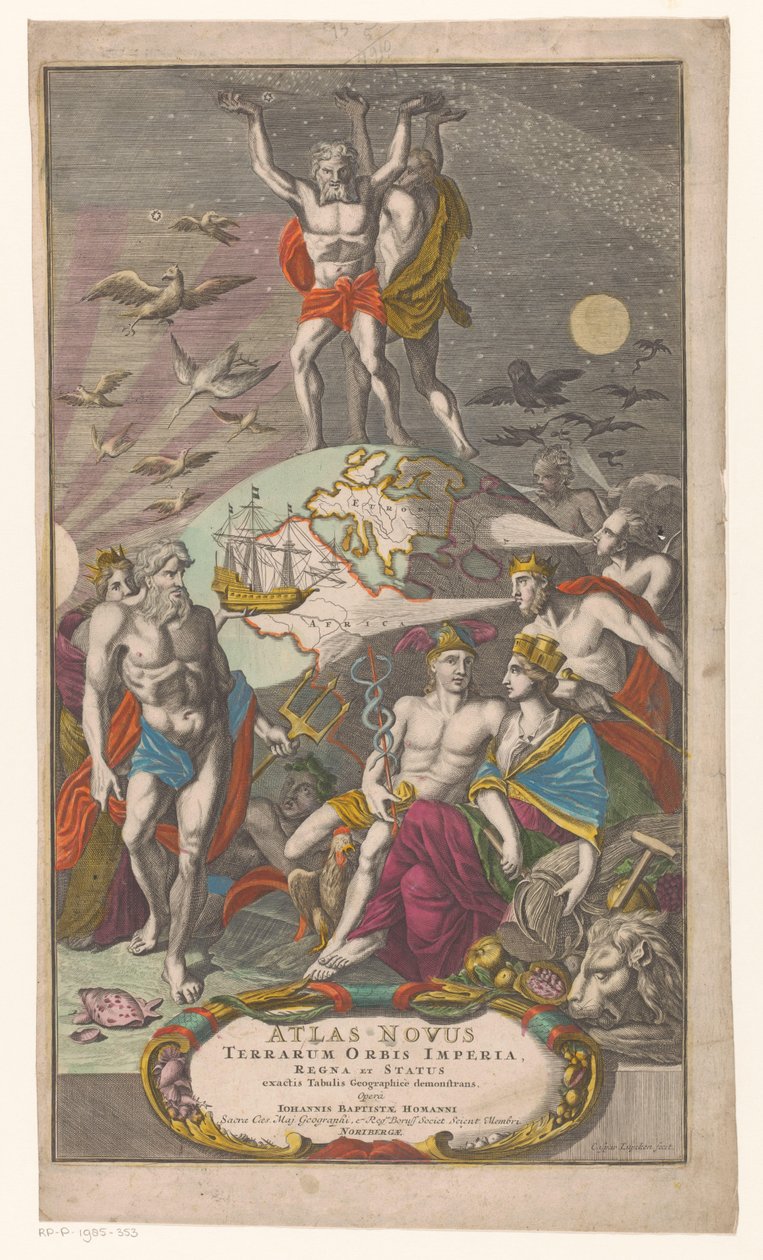 Atlas en Hercules dragen sternerhemel Título da página: Johann Baptista Homan, A New Atlas of the World Empires, Kingdoms and States mostrando tabelas geográficas exatas, 1710 de Caspar Luyken