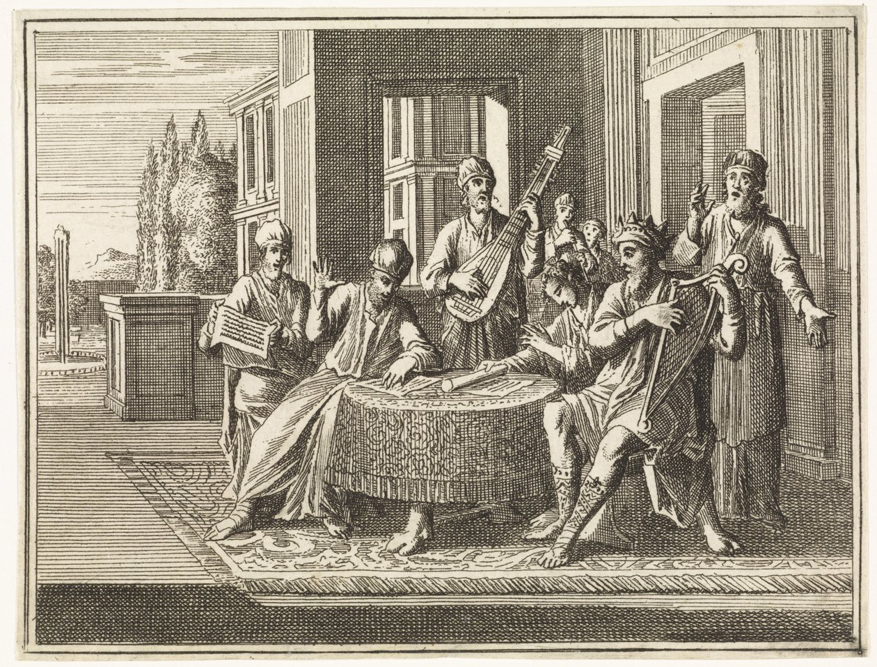 David está sentado à mesa e toca harpa de Caspar Luyken