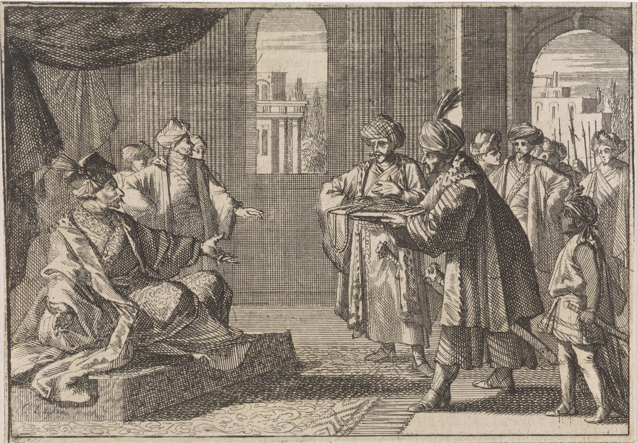 Guei-tschun, primeiro-ministro sob o imperador Chongzhen, é trazido uma corda de seda para se enforcar, 1643 de Caspar Luyken