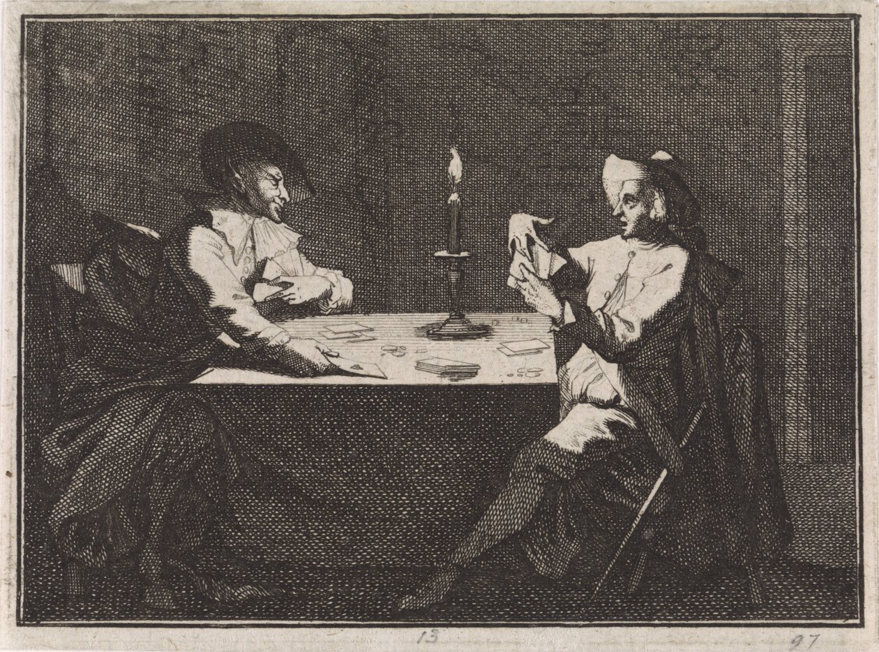 Jogo de cartas entre um jovem e o diabo de Caspar Luyken