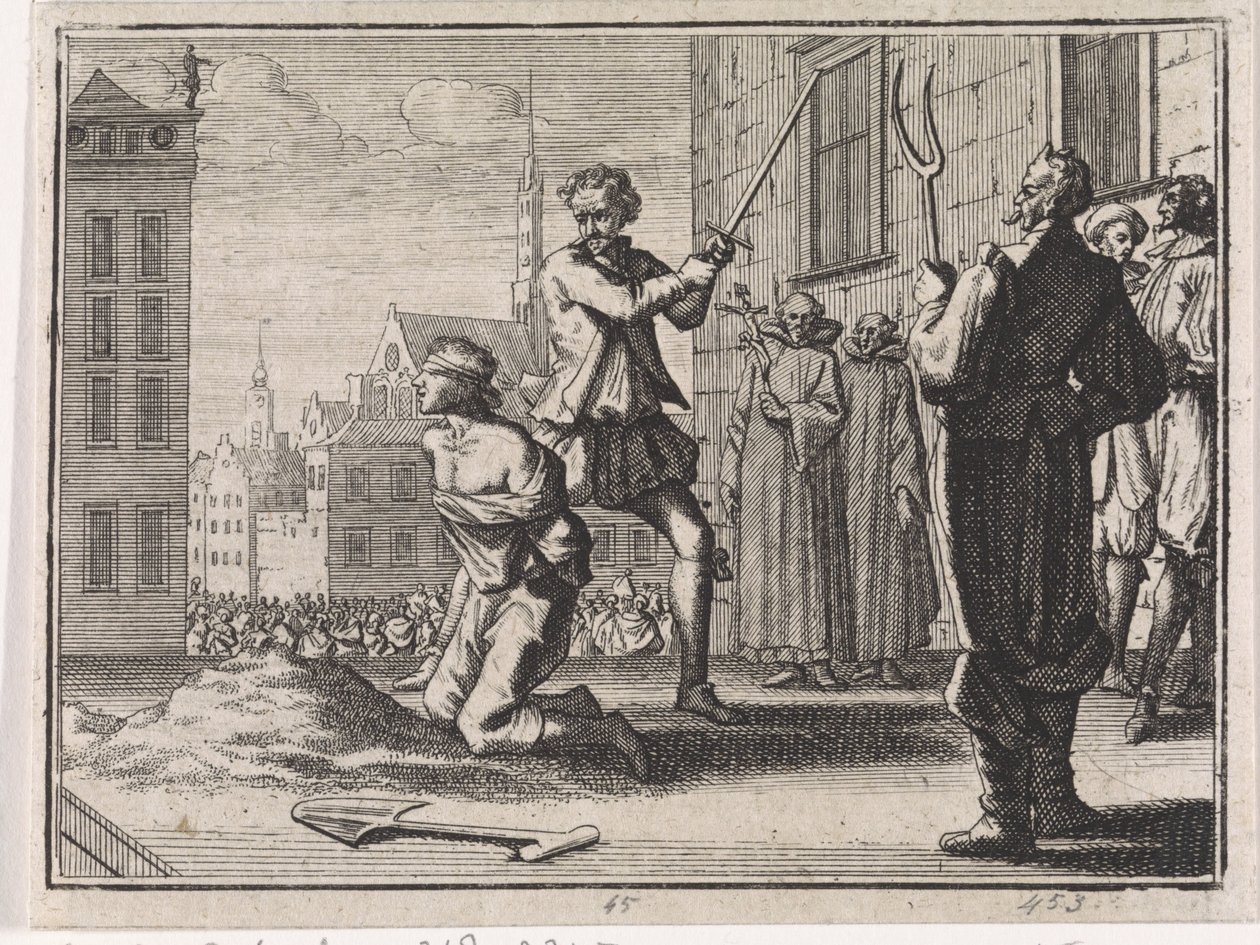 Decapitação de um rapaz sob o olhar de clérigos e do diabo de Caspar Luyken