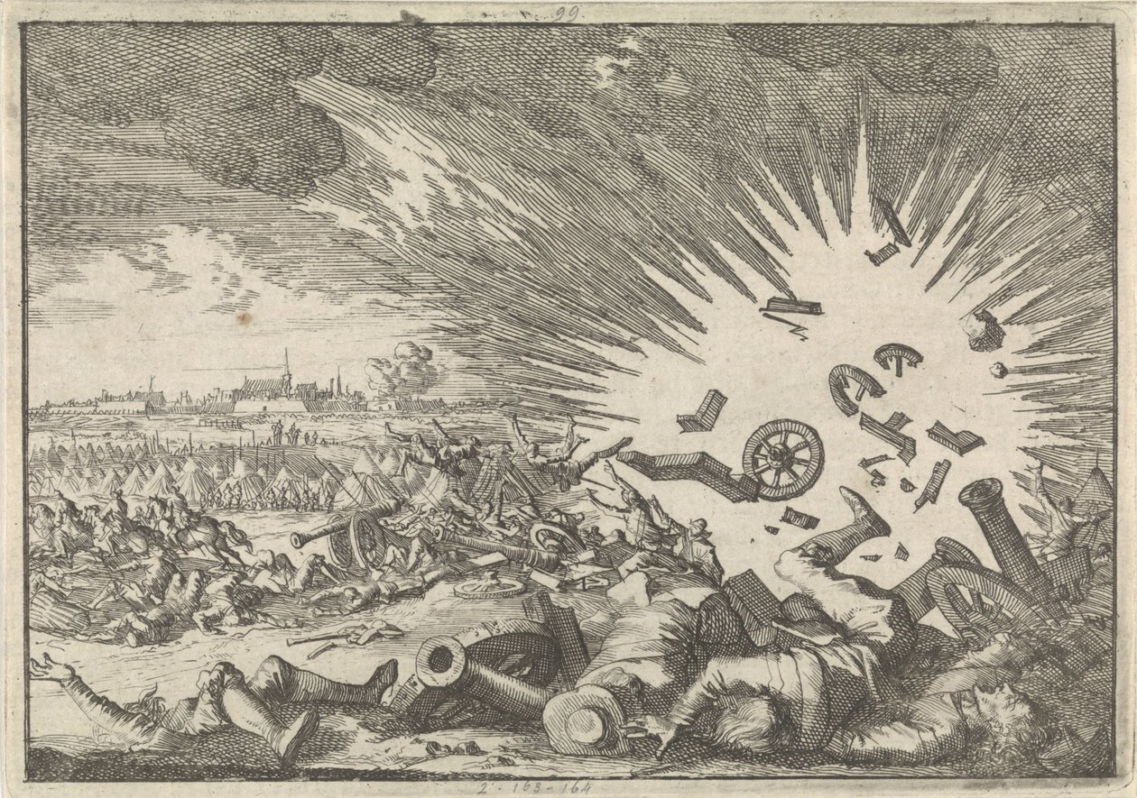 Explosão de um carregador de pó francês durante o cerco de Namur, 1640 de Caspar Luyken