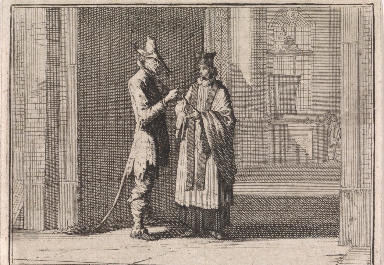 Padre a conversar com o diabo à entrada de uma igreja de Caspar Luyken