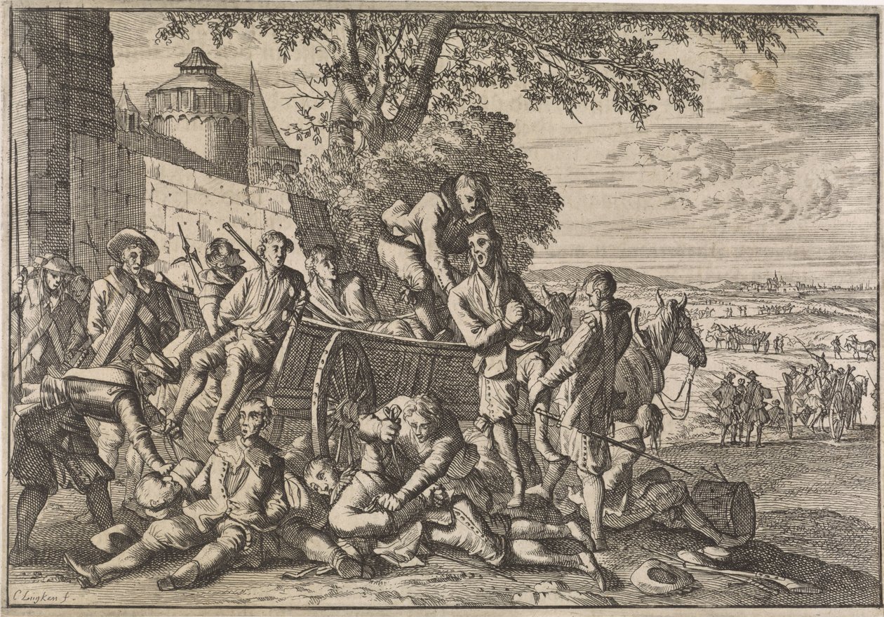 Soldados espanhóis são carregados em carroças e levados, 1641 de Caspar Luyken