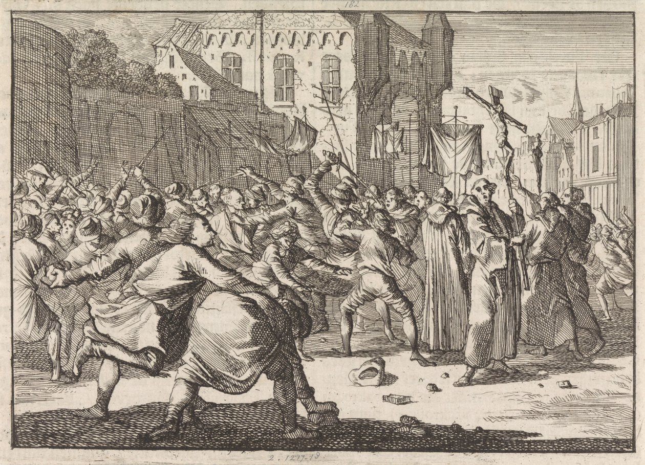 Em Danzig uma procissão é saudada pelo povo com degraus de pedra, 1678 de Caspar Luyken