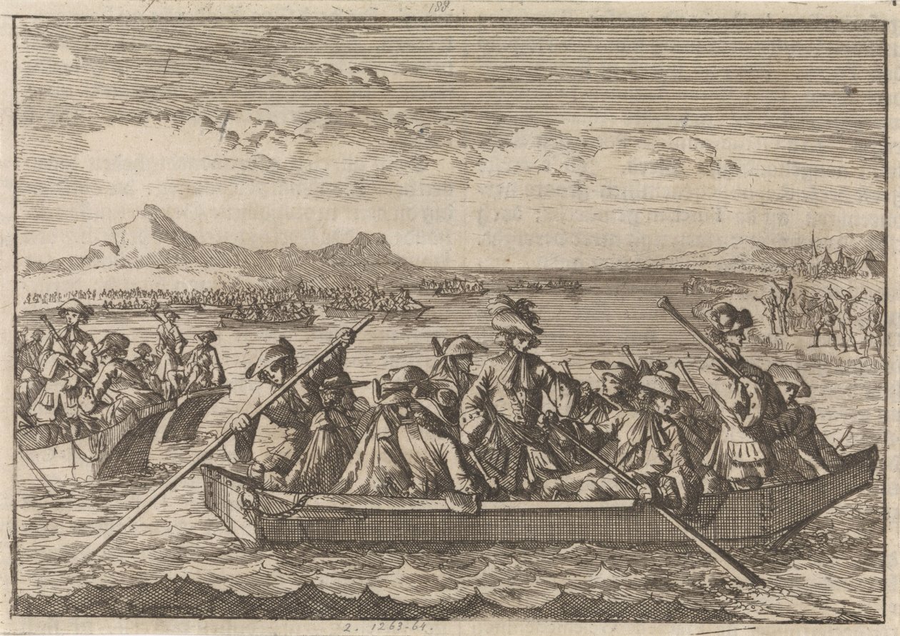 Waldenses expulsos de Savoy regressam ao seu país em barcaças através do Lago de Genebra, 1689 de Caspar Luyken