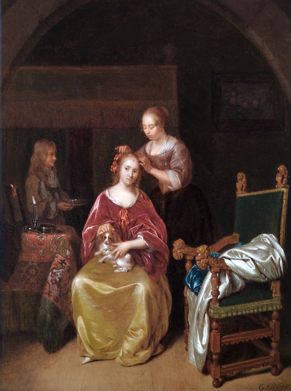 A Lady At Her Toilet, c.1665 (óleo sobre painel de carvalho) de Caspar Netscher