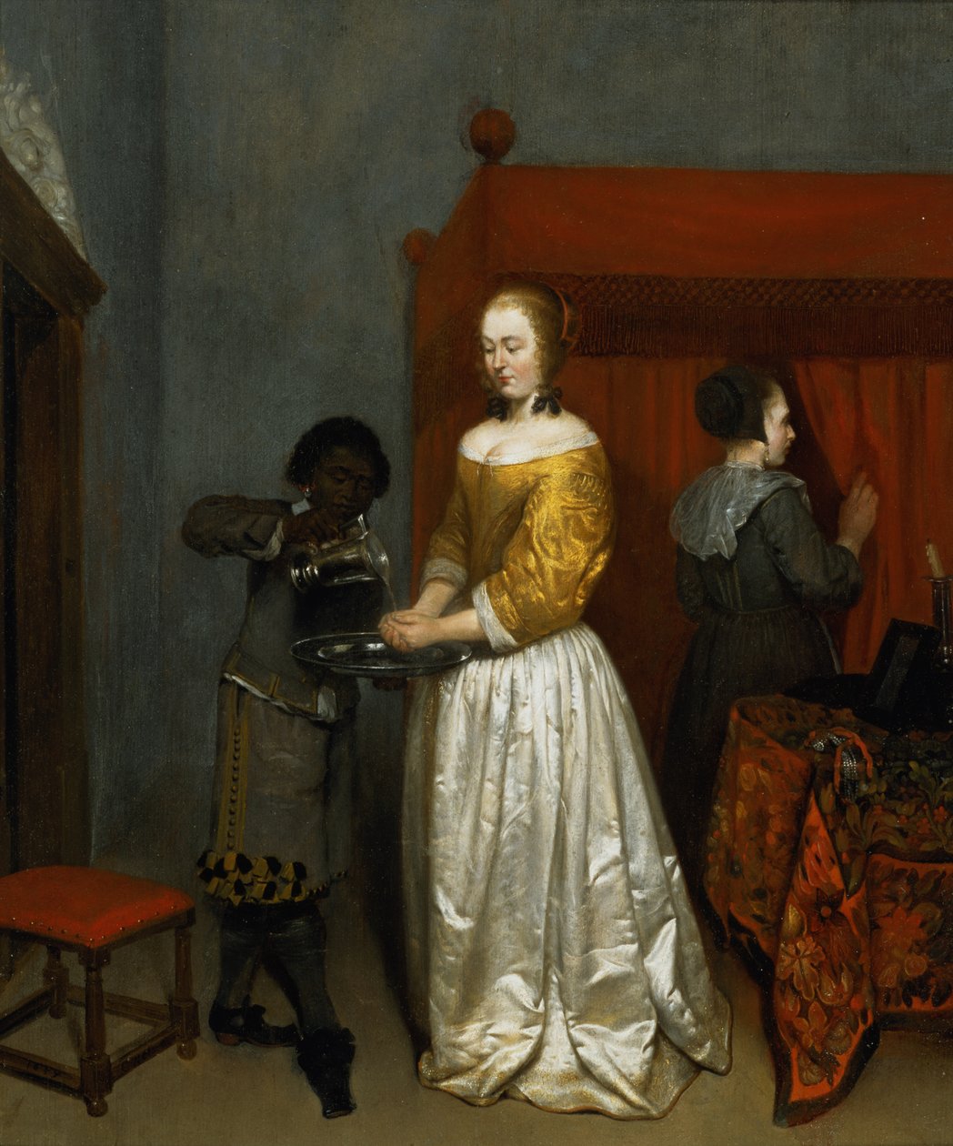 Uma senhora lavando as mãos, 1657 (painel) de Caspar Netscher