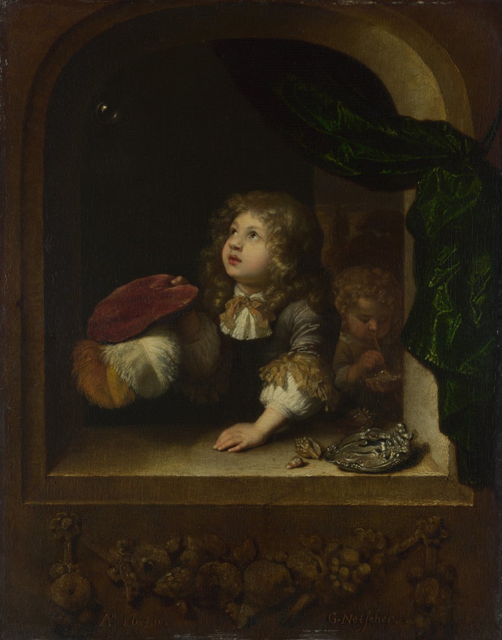 Dois meninos soprando bolhas, c. 1670 de Caspar Netscher