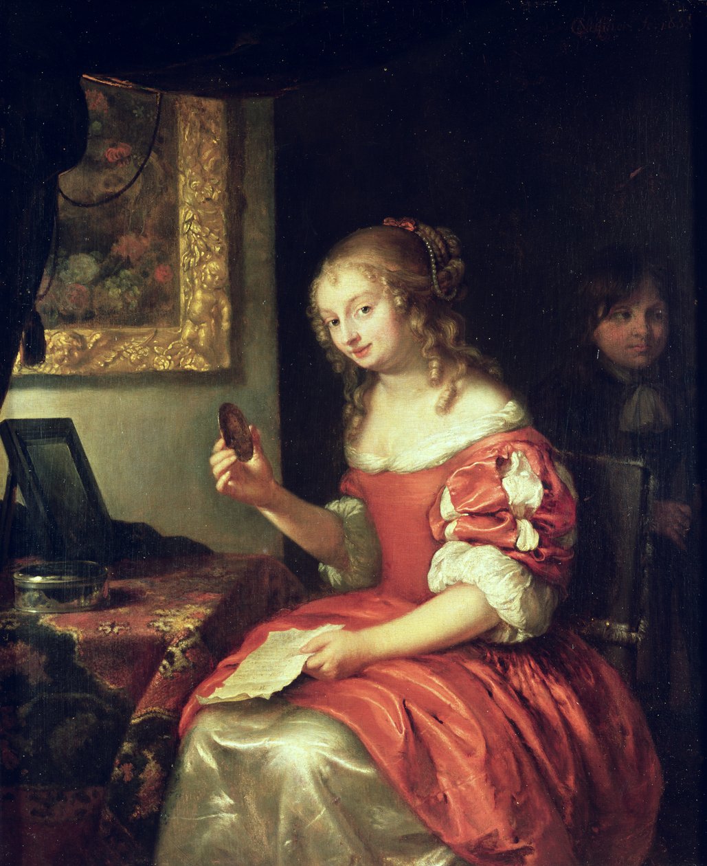 Jovem mulher com carta e medalhão, 1667 de Caspar Netscher