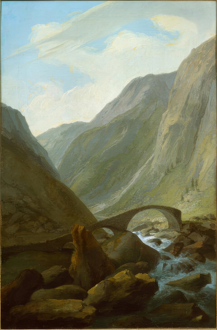 Vale alpino com ponte de pedra de Caspar Wolf