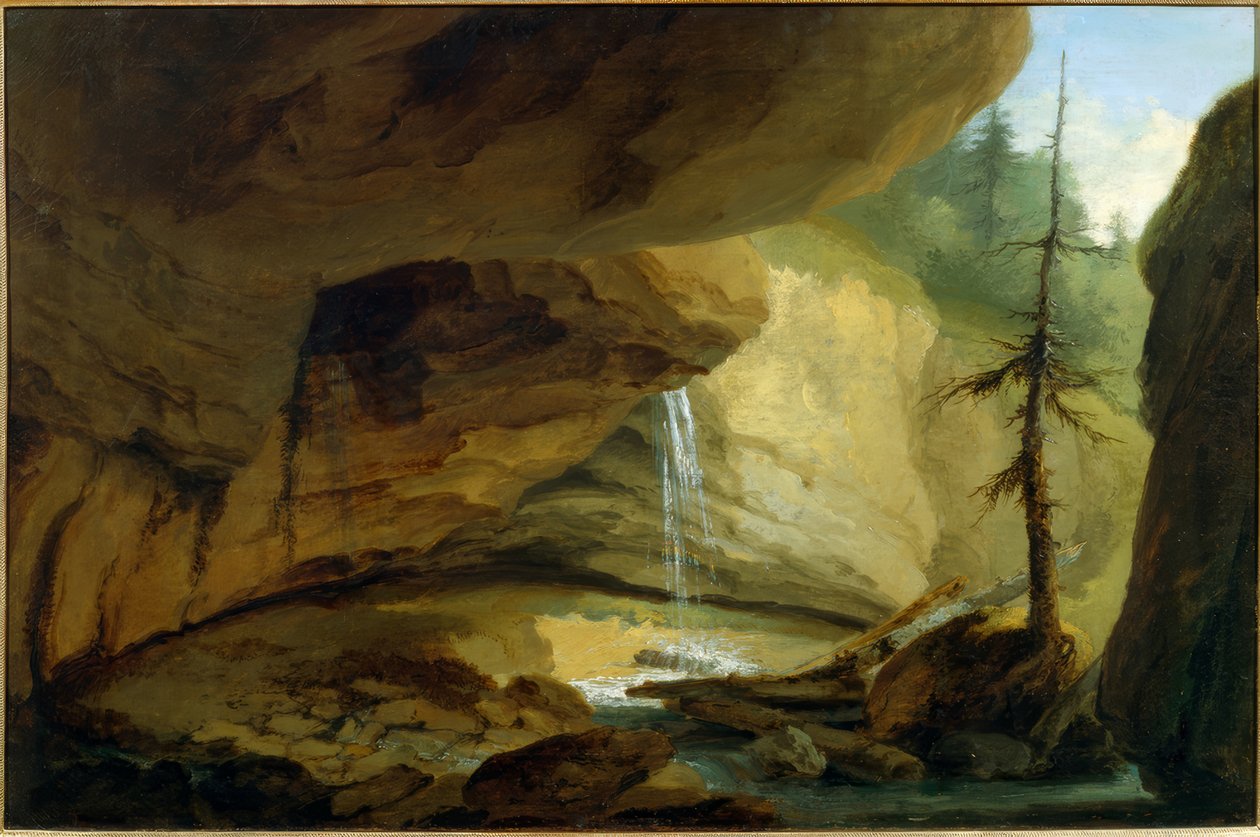 Gruta de pedra com cascata de Caspar Wolf